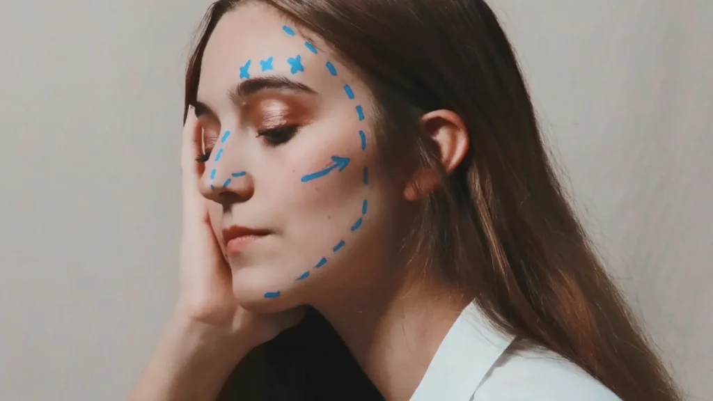 Woman with lines marked on her face for face lift