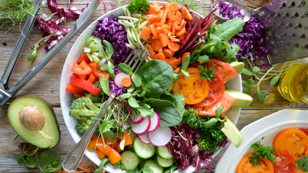 Vegan diet: spread of salad and veggies